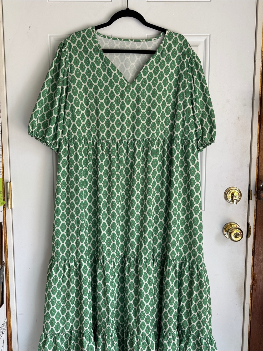 Green Patterned V-Neck Tiered Maxi Dress